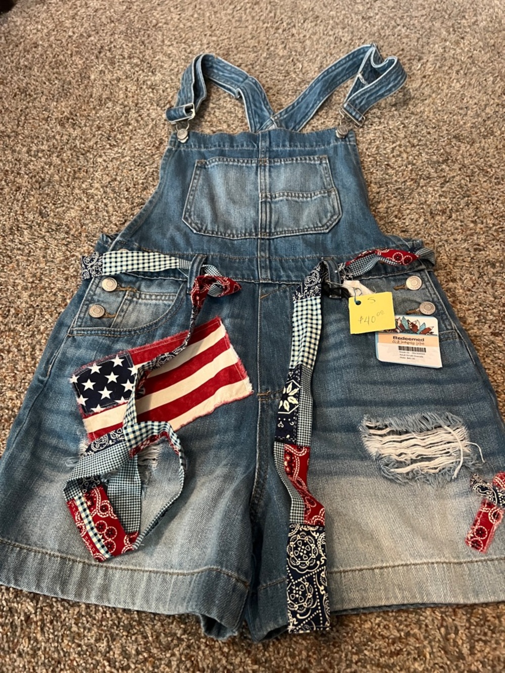 Zenana Outfitters Light Blue Denim Short Overalls with Patchwork Bandana Belt